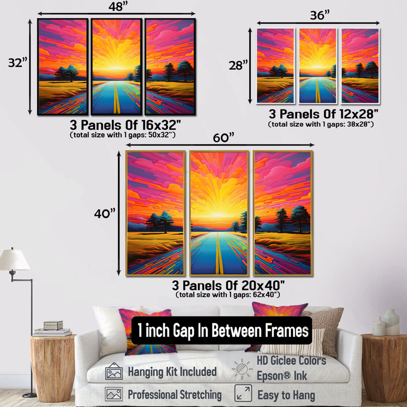 Glorious Sunset Country Road Trees - ensemble d'art mural paysage, H 28 po x l 36 po x P 1 po, Encadrement argenté