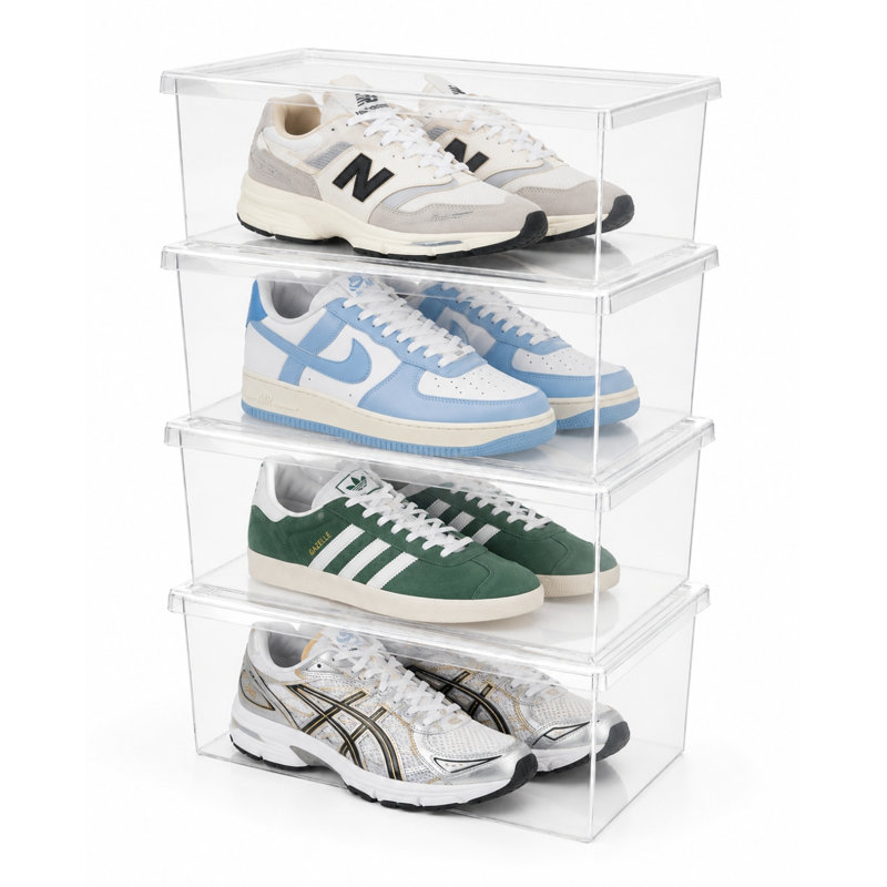 Lot de 4 boîtes à chaussures modernes de rangement - 6,5 pintes/6 litres, organisateur de chaussures empilable en plastique (13,5 po L x 8,35 po l x 5,2 po H)