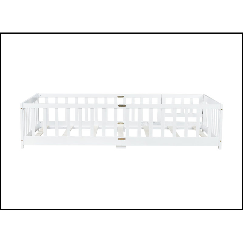Twin Size Floor Bed With Fence And Door,Rubber Wood Floor Bed With Safety Guardrails,White, Twin, White