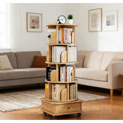 Bibliothèque pivotante de 55,91 po de hauteur avec roulettes, étagère ronde rotative à 5 niveaux à 360 °, bibliothèque pivotante autoportante pour la chambre à coucher, le salon et le bureau