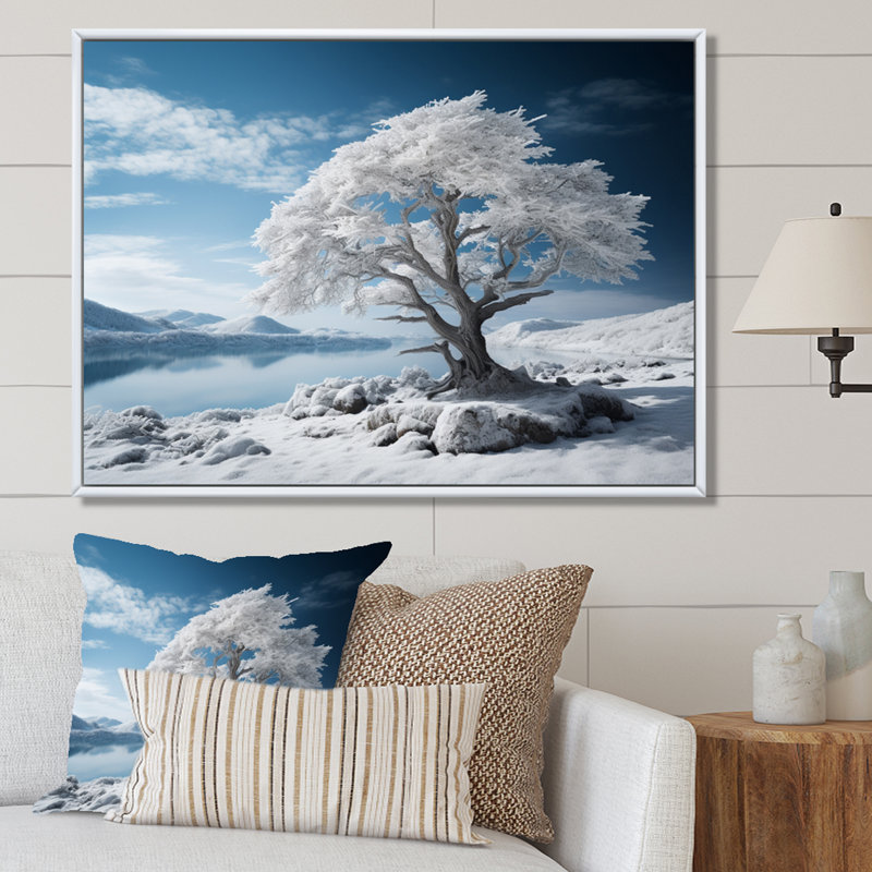 Monochromes bleus et blancs Winters Reflection II - impression, H 34 po x l 44 po, Encadrement doré