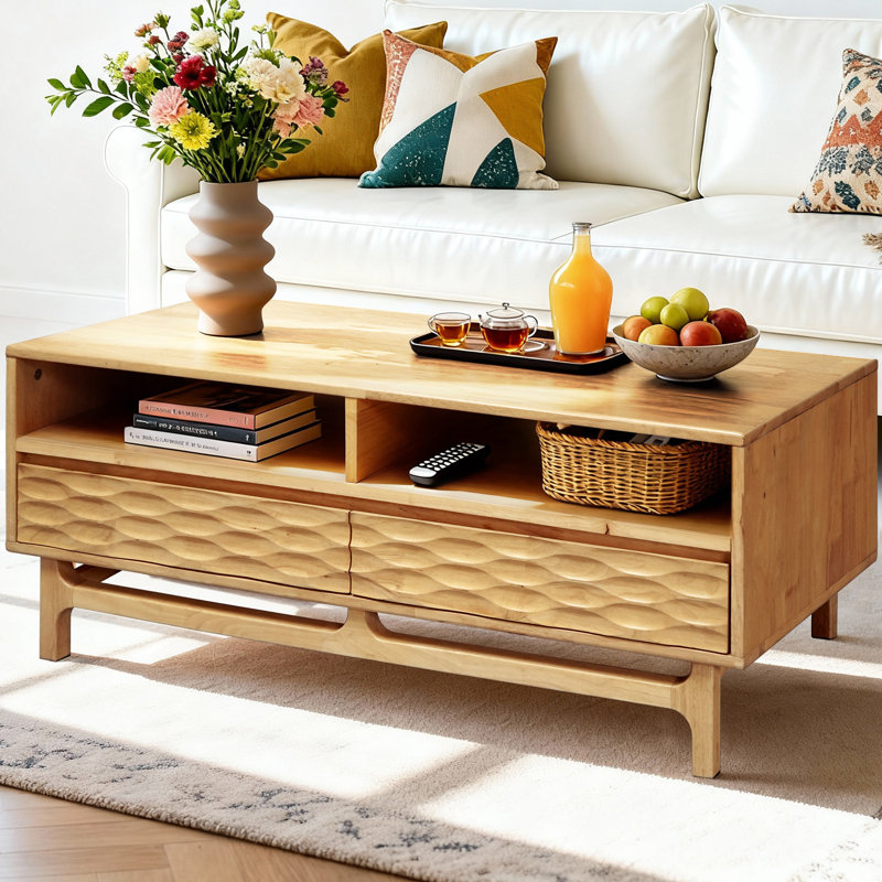  Acacia Elara 47.2”W Coffee Table Storage, Solid Rubber Wood, Suitable for Living Room, Home Office with 2 Drawers and Open Design, Easy Setup