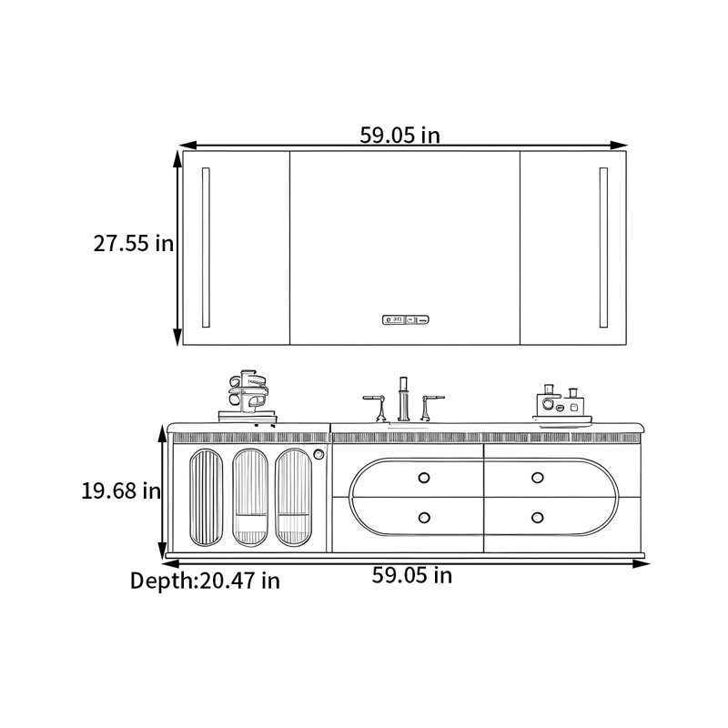 Armoire de salle de bain style français, H 19,68 po x l 59,05 po x P 20,47 po
