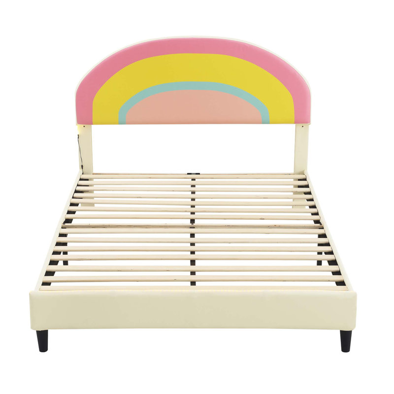 Full Size Upholstered Platform Bed With Rainbow Shaped And Height-Adjustbale Headboard,LED Light Strips