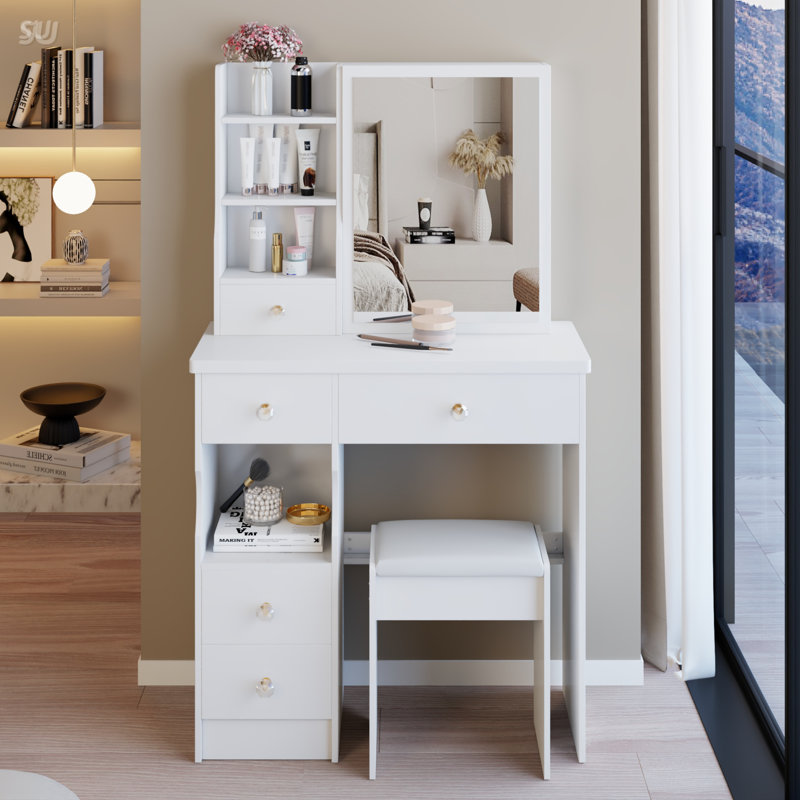 Table de coiffeuse compacte 29,2 pouces avec grand miroir coulissant, rangement multicouche et tabouret rembourré pour les petits espaces