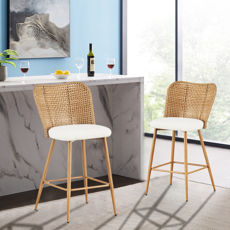 Rattan Counter Height Bar Stools,26inch-upholstered Boucle Fabric Barstools With Pe Rattan Cane Back, Wicker Bar Chairs Counter Stools For Kitchen Island,cream White Set Of 2