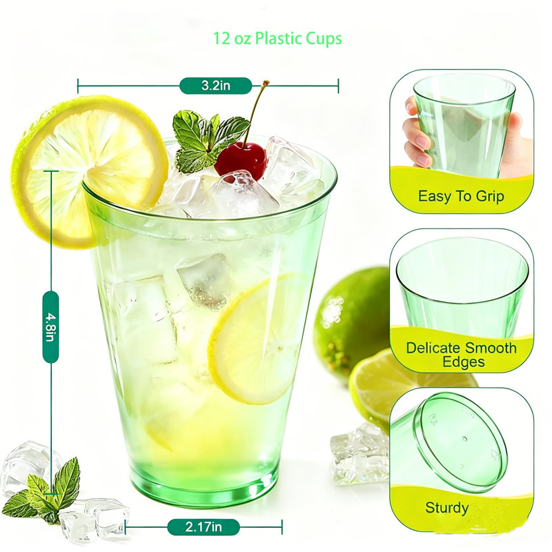 12 verres en plastique jetables 12 oz, Green