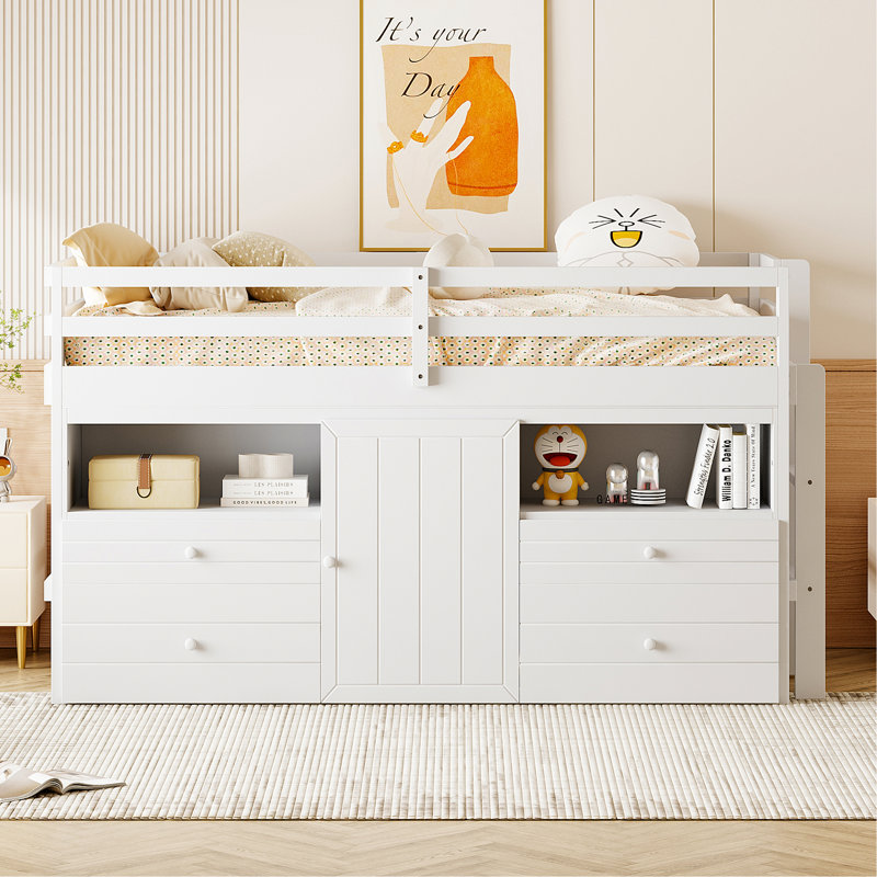 Lit mezzanine avec tablettes et 4 tiroirs, Blanc