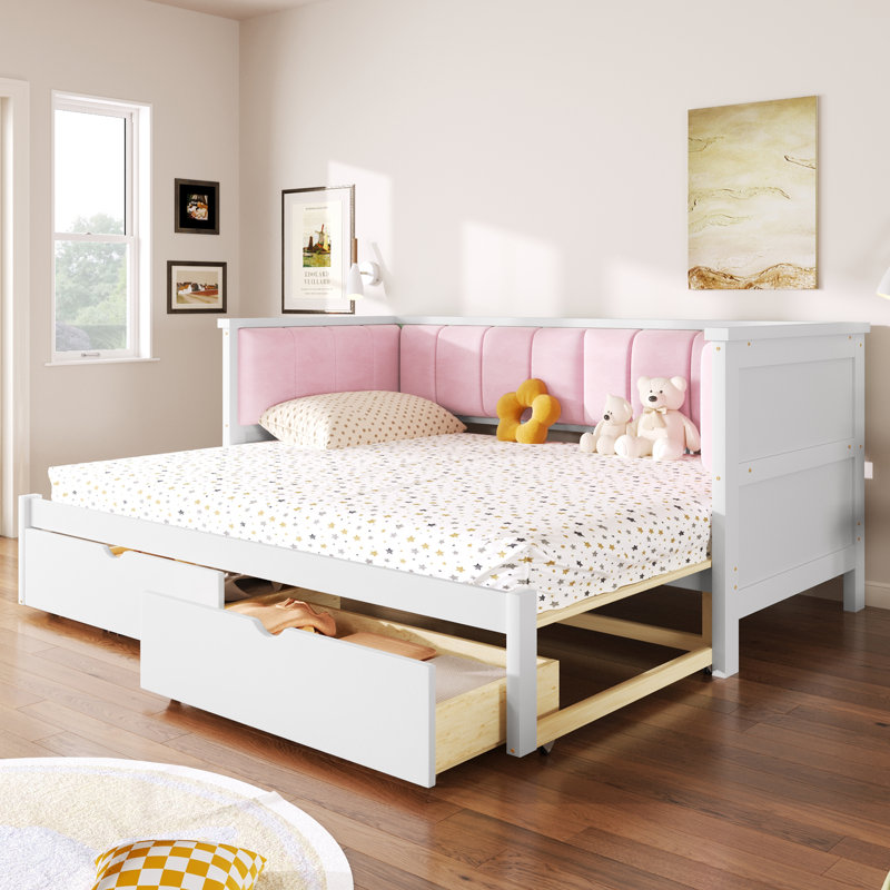 Twin XL to King Daybed with Storage Drawers & Upholstered Backrest – Space-Saving Convertible Bed, White+Pink