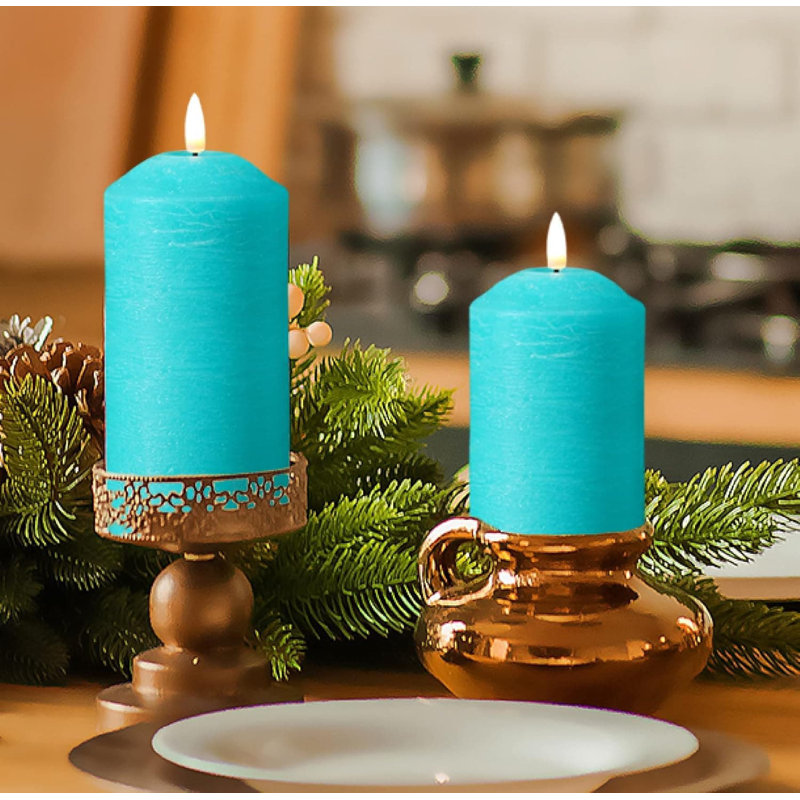3 Pack Turquoise Blue Flameless Pillar Candles with Remote: Real Wax, Flickering LED, Battery-Operated, Blue
