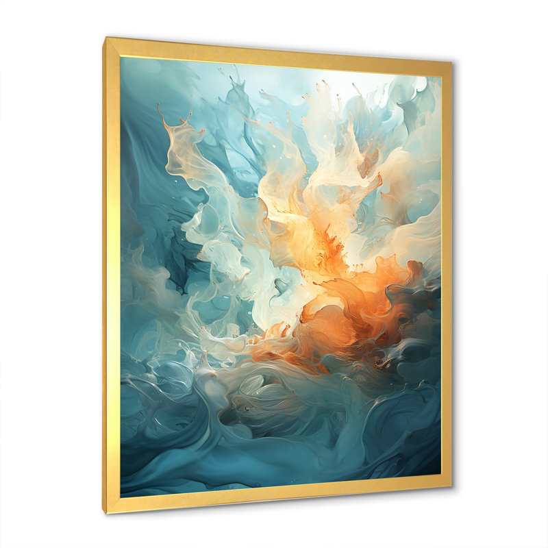 Fusion marine et blanche II sur toile, Cadre doré simple, H 40 po x l 30 po x P 1,5 po