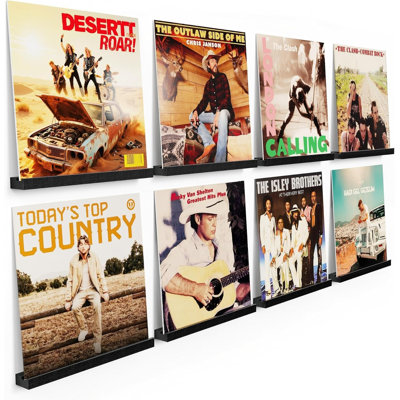 8 Pack Wall Mount Vinyl Record Storage Shelves, 12 inch Wooden Album Holder,  Black Wall Display Rack for Records, Living Room Decor