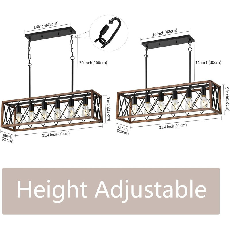 Éclairage pour îlot de cuisine Farmhouse, lustre rustique avec finition grain de bois, luminaire réglable à 6 lumières pour la salle à manger, la cuisine et le bar