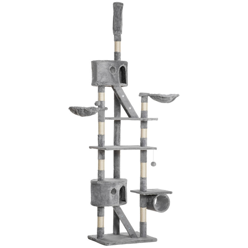 102.5" Floor-To-Ceiling Cat Tree Tower - Adjustable Height Multi-Level Cat Condo With Sisal Scratching Posts, Hammocks, And Tube (Light Gray)