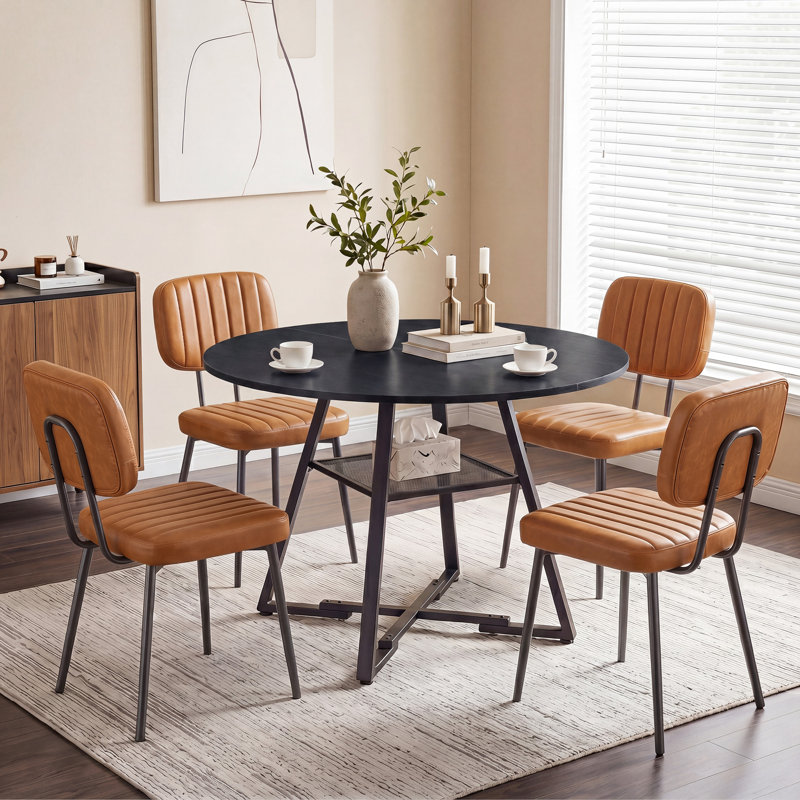 Industrial 42" Round Dining Table Set With Upholstered Chairs, Ensemble de cinq pièces : table, quatre chaises, Noir, Brown