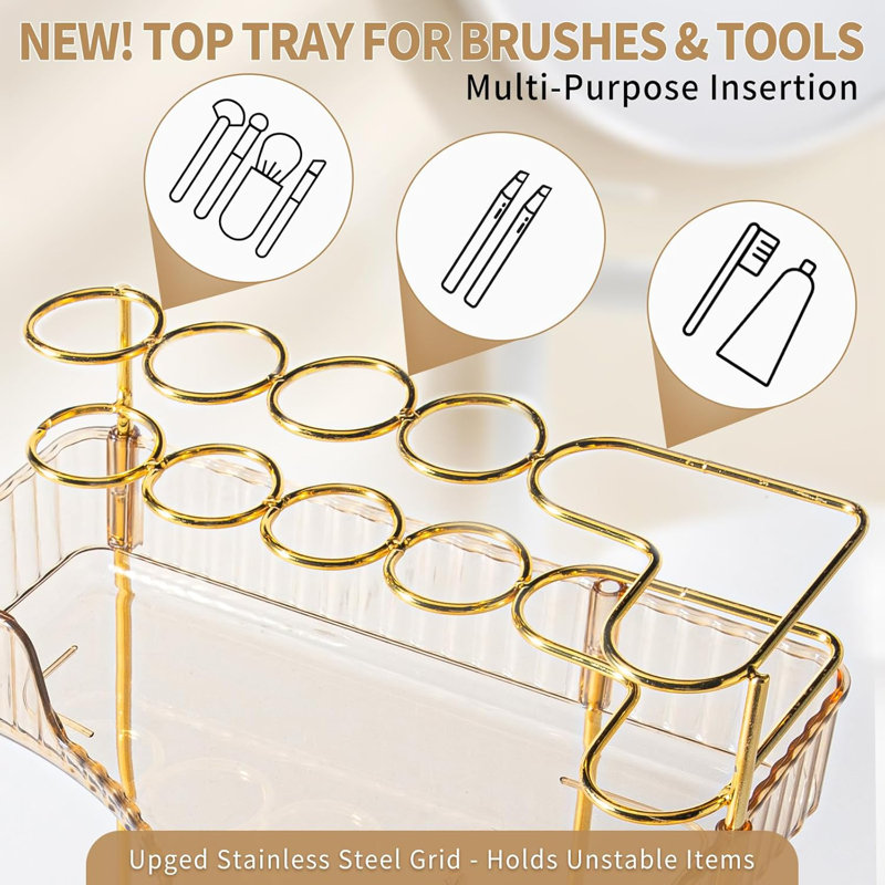 Organisateur de salle de bain d'angle à 3 niveaux avec porte-brosse - Rangement spacieux pour le maquillage, les soins de la peau et les parfums