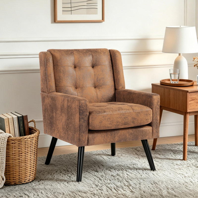 Fauteuil capitonné à dossier large rembourré, Suède brun rétro