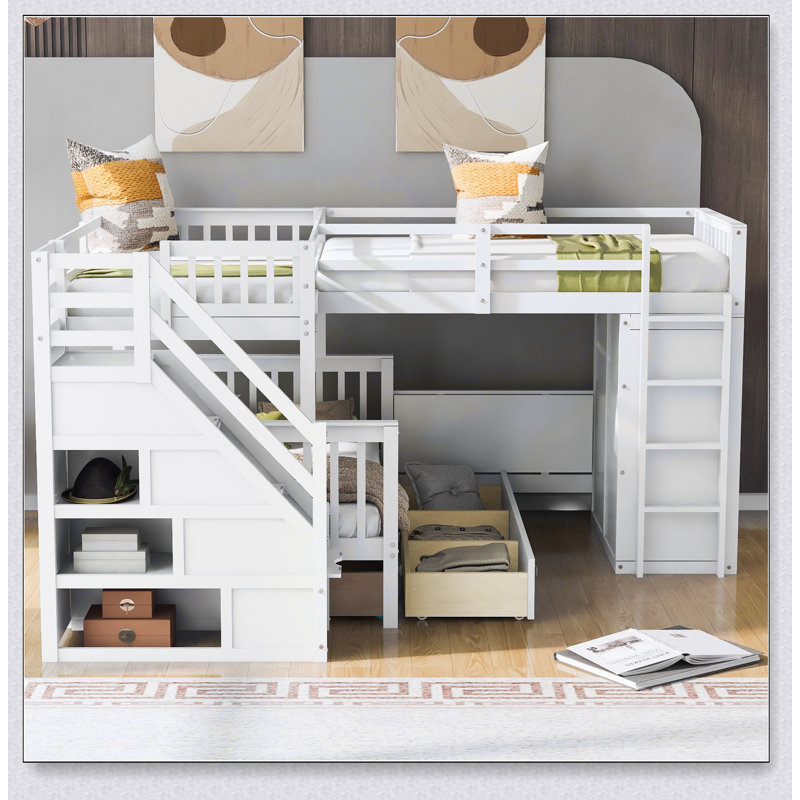 Lit superposé simple en L avec 3 tiroirs, bureau portable et garde-robe, White