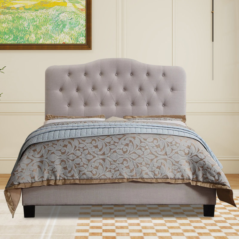 Structure de lit tapissier capitonné avec tête de lit à hauteur réglable, Beige, Full