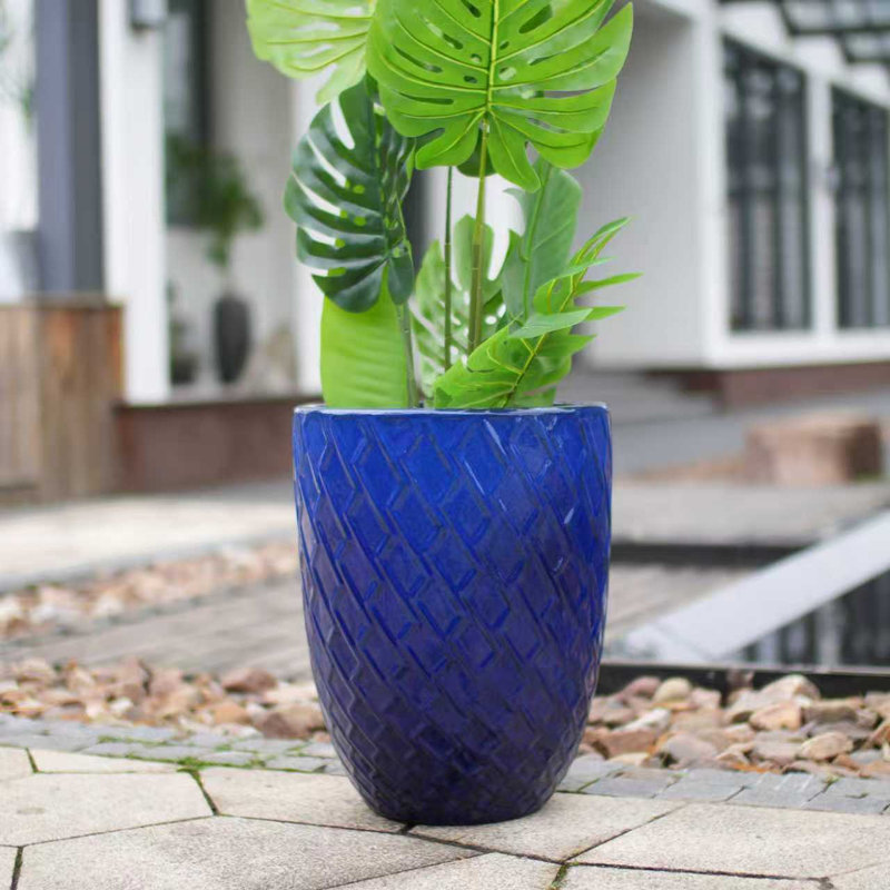 Pot de fleurs en céramique fait main, bleu saphir à motif losanges, pour Monstera deliciosa et figuier lyre, intérieur/extérieur, en céramique, bleu saphir, fait main, respirant