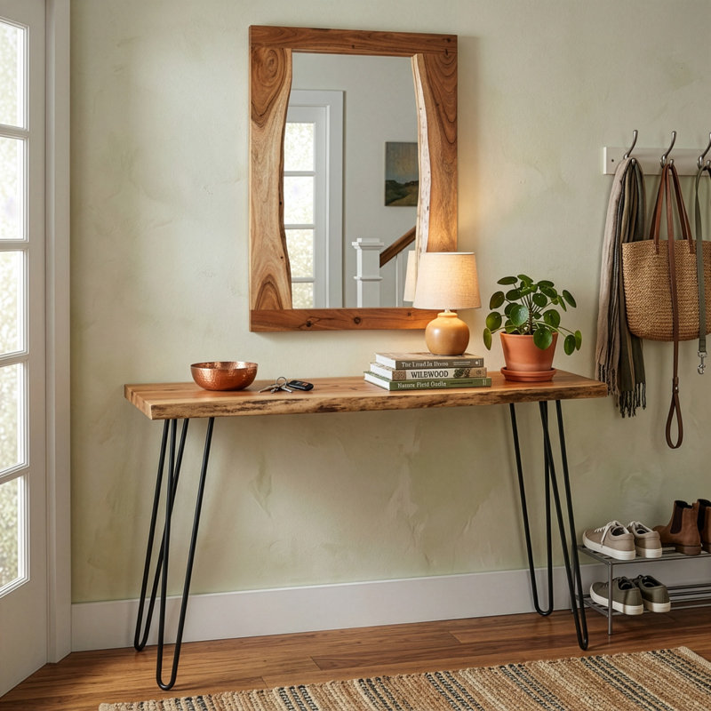 Bexton 48"W Industrial Solid Wood Metal Hairpin Natural Live Edge Media Console And 36" Mirror Set