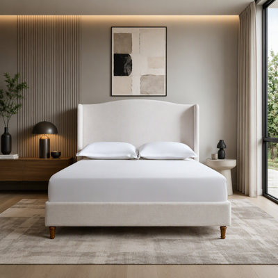 Premium Textured Canvas Chenille Look Ivory Upholstered Wingback Bed with Tall 54" Headboard