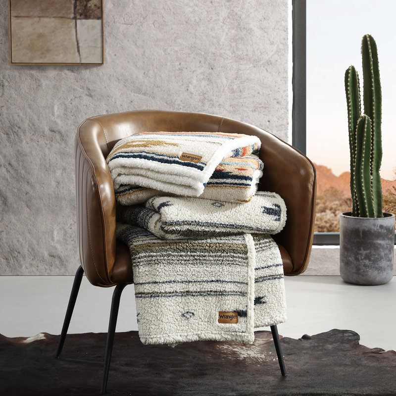 Wrangler Printed Plush Sherpa Throw Blankets, Ivory