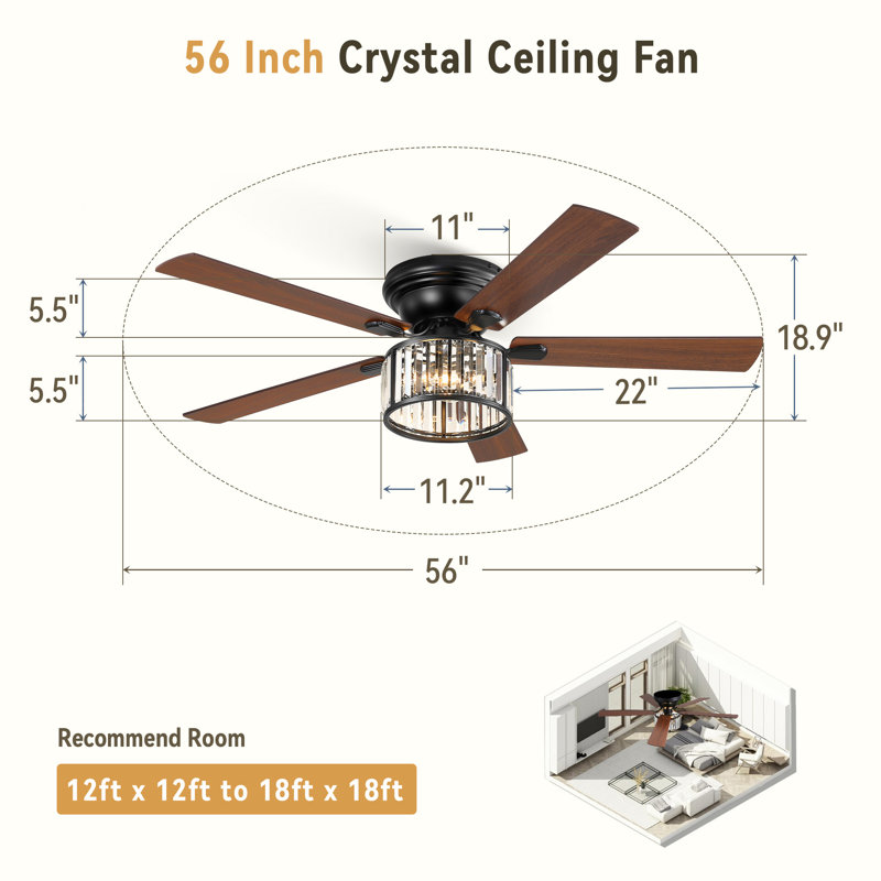  Cissline 56" Elegant Crystal Flush Mount Ceiling Fan with Light Kit, Remote & App Control for Living Room/Bedroom