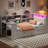 Twin Size Wood Platform Bed With Upholstered Headboard, Multiple Storage, Charging Station, Led Lights And Built - In Desk, White + Beige Cushion Ample Storage Shelves, 2 Drawers, Ports, Ambiance,-414570812
