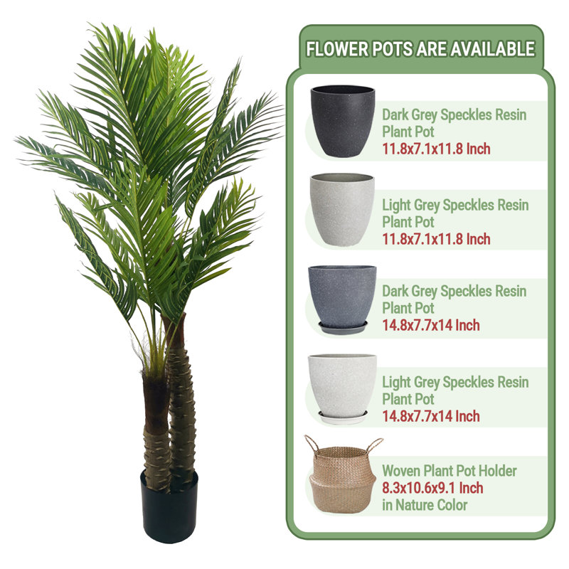 Palmier artificiel de type C et pots ronds en résine avec plateau, Gris, H 23,62 po x l 59,84 po x P 23,62 po
