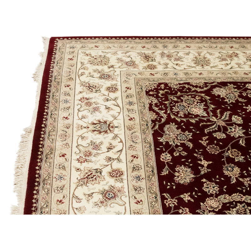 Tapis unique en laine / soie noué à la main de 9 pi x 12 pi de couleur vin / ivoire / beige