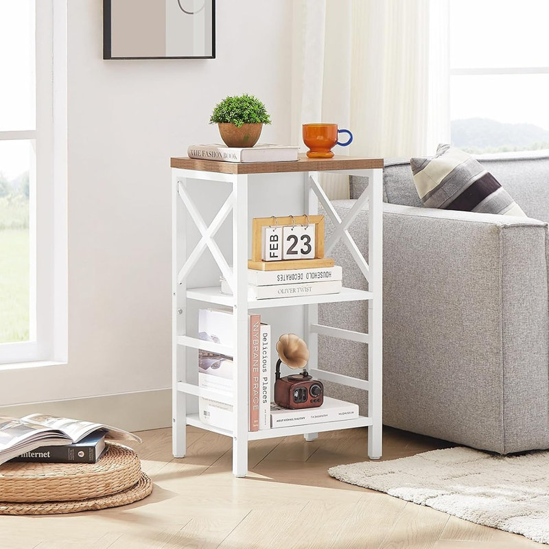 Bibliothèque industrielle à 3 niveaux, structure en métal blanc avec panneau arrière, bibliothèque basse pour petits espaces, salon, chambre à coucher ou bureau à domicile