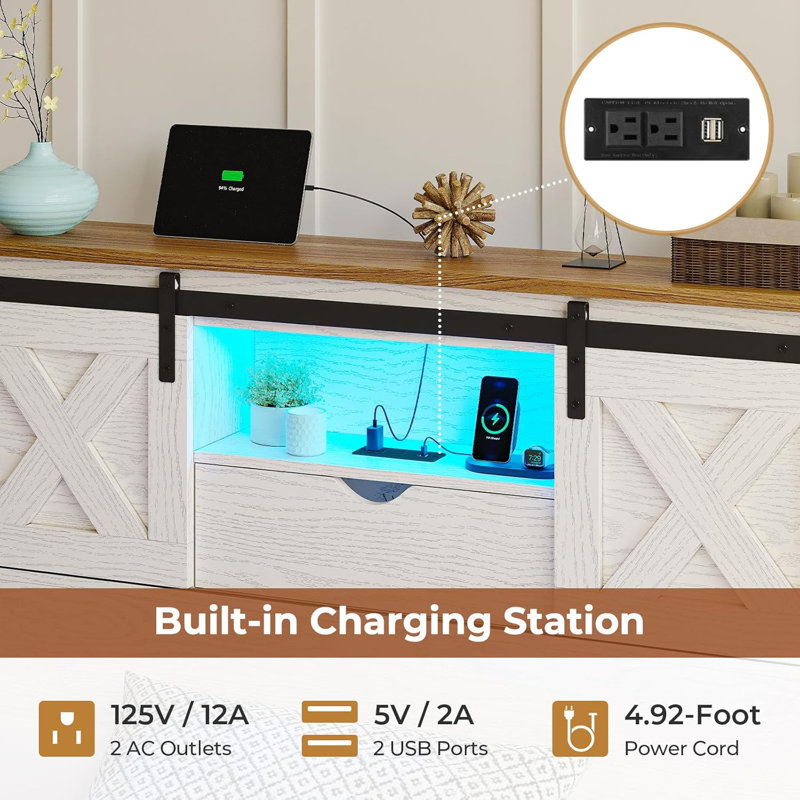 Farmhouse Bed Frame With 2 Storage Drawers, Wooden Platform Bed With Led Lights And Charging Station, Rustic Headboard With Sliding Barn Door Storage Cabinets