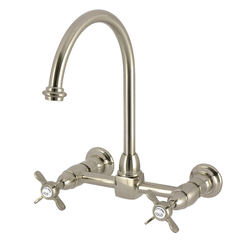 Kingston Brass Bel-Air Two-Handle 2-Hole Deck Mount Bridge Kitchen Faucet, Brushed Nickel, Cross