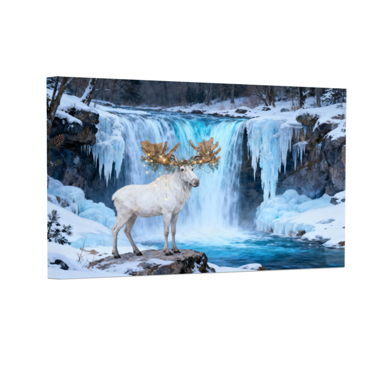 Scène d'hiver de Noël avec un orignal blanc et une cascade de bois d'or, H 16 po x l 24 po