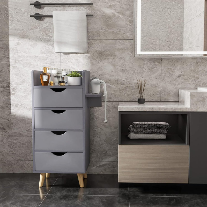 Gray MDF Bathroom Storage Cabinet with 4 Drawers and Dryer Holders