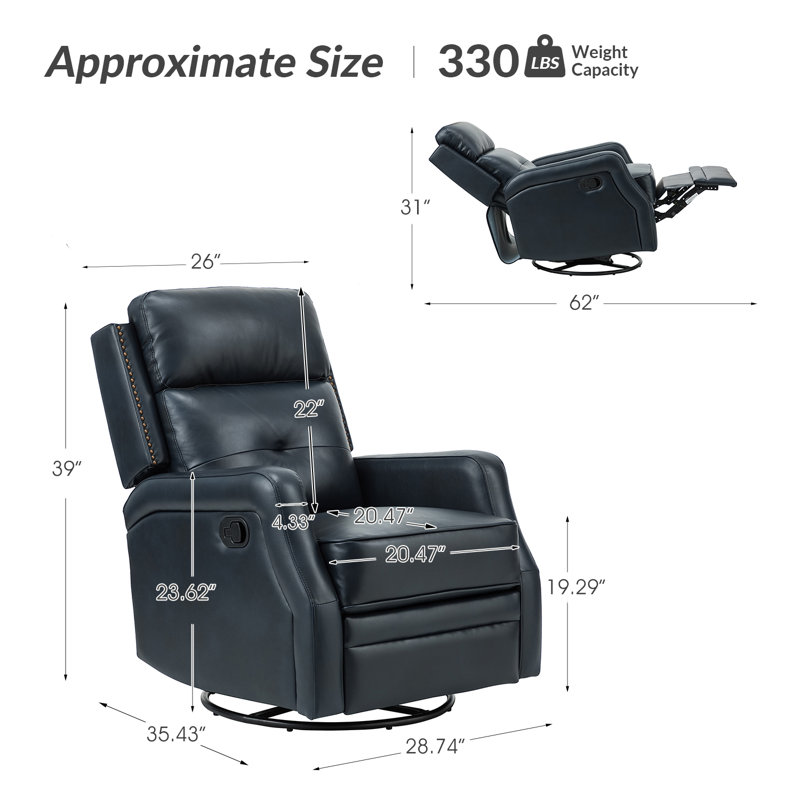 Fauteuil inclinable manuel pivotant Rudisill (ensemble de 2), Cuir véritable bleu marine