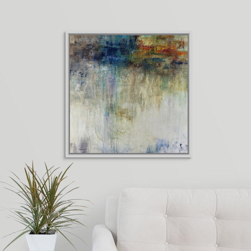 « crépuscule point », peinture sur toile, Cadre flottant blanc, H 25,7 po x l 25,7 po x P 1,75 po