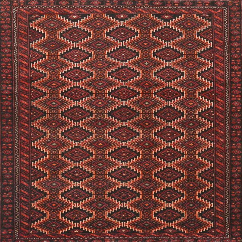 Tapis rouge/noir/beige traditionnel, Carré 3 pi