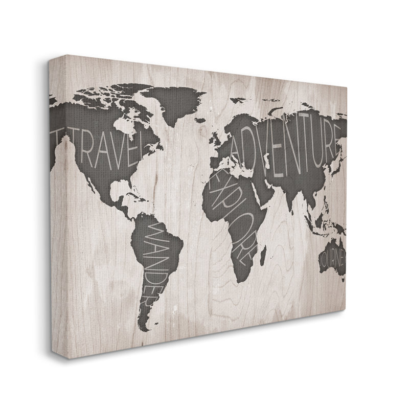 " Travel Wander Explore Rustic World Map Grain Pattern ", 36" H x 48" W, Wrapped Canvas