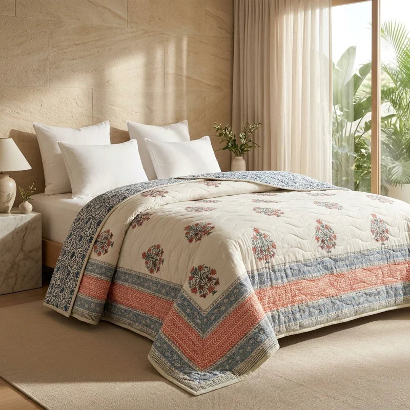House of Avana Cream & Rose Pink Botanical Floral Jaipur Indian Hand Block Print Quilted Comforter, Queen