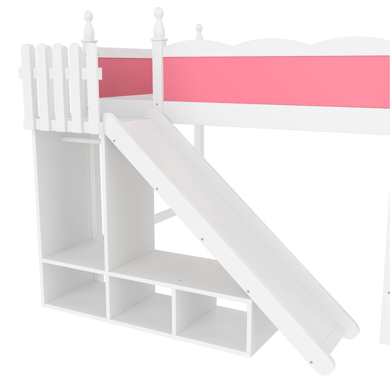Lit mezzanine double avec tablettes de rangement et garde-robe, lits mezzanine en bois massif avec glissières et échelles amovibles, sans sommier, rose et blanc.