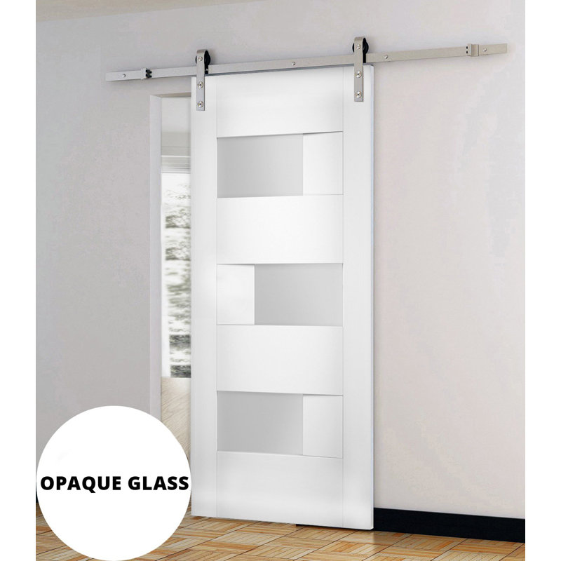 Modern White Frosted Glass Barn Door with Stainless Steel Hardware