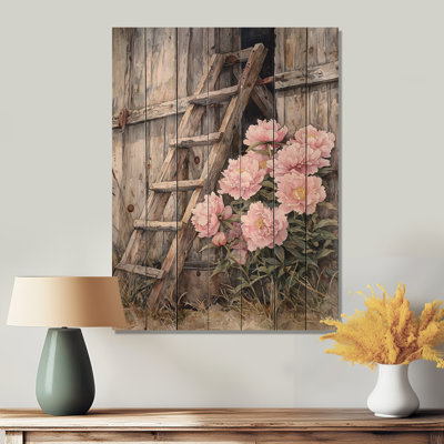 Pivoines par l'échelle de grange II - Décoration murale en bois de pivoines - sur bois de pin naturel