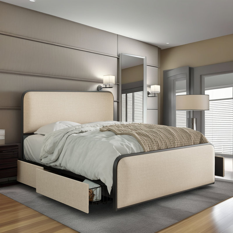 Modern Upholstered Bed with 4 Storage Drawers - Beige Linen Headboard, Heavy Duty Metal Frame, 800 lbs Capacity, Queen