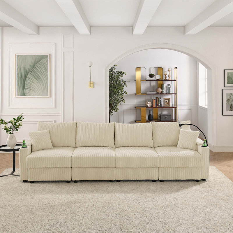 Canapé moderne à 4 places avec rangement, canapé à assise profonde avec porte-gobelets et canapé en velours côtelé pour salon