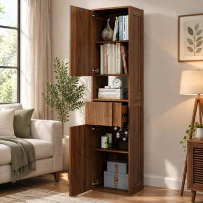 Grande armoire à livres autoportante étroite avec portes et tiroir