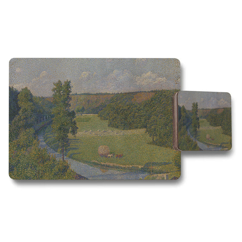 Landscape Placemats and Coaster Set Featuring Serene Tree Line River Scene