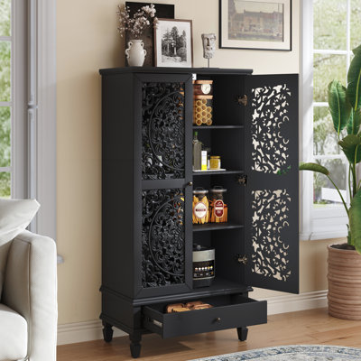 Rustique de 55 pouces de hauteur avec rangement Oliva avec tiroir, 2 portes décoratives en bois sculpté Oliva avec pieds en bois massif pour le salon, le couloir, la salle à manger