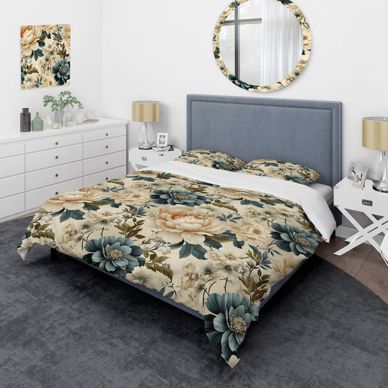 Blue Beige Vintage Chic Flower Pattern II - Ensemble de housse de couette à motif floral